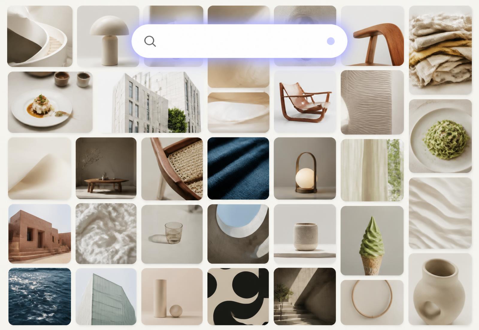 Curiox archive showing a dense visual grid of saved images with a search bar on top